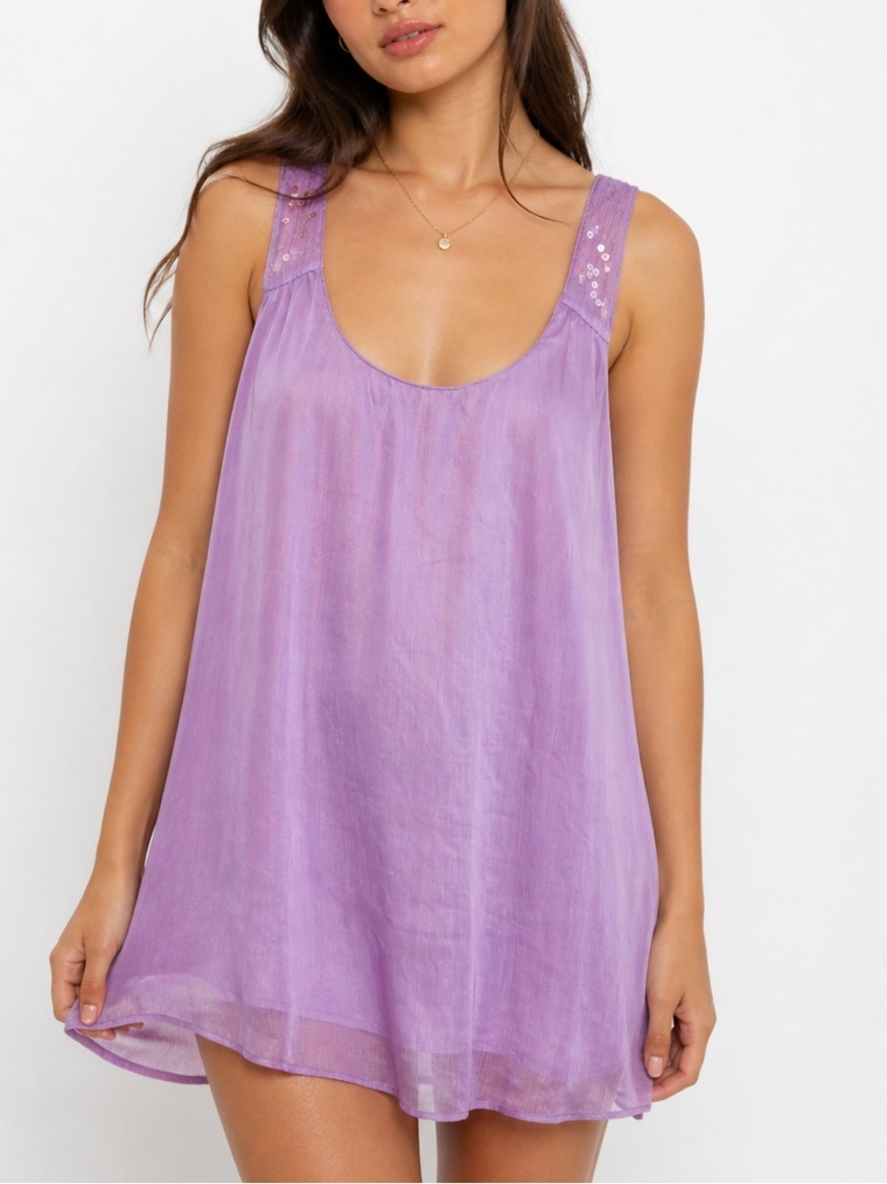Victoria’s Secret Lavender Satin Babydoll Tank Top Sequin Y2K Flowy Sheer Cami